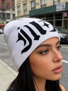 男女街头风针织帽 - 哥特提花图案，酷炫甜美美学，适合Y2K及街头风格的冬季保暖帽 - A - 查看 4