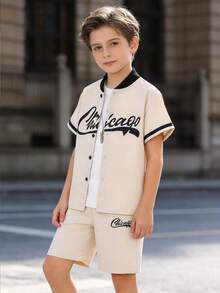 2 件套男童芝加哥运动印花衬衫 + 纯色短裤套装，夏季 - 卡其色 - 查看 3