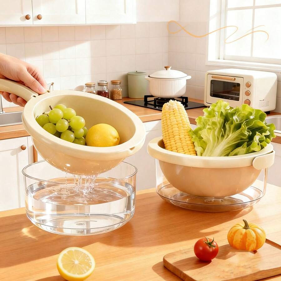 1pc New Double-Layered Draining Basket, Kitchen Household Multi-Functional Vegetable And Fruit Washing Basin, Draining Basin, Fresh-Keeping Storage Basket - One Size - View 1