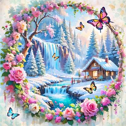 5D Diamond Painting Kit - Winter Waterfall Cabin Theme, Includes Snowy Forest, Butterfly & Rose Patterns, Round Diamond Beads & Vibrant Colors, Suitable For Office Decor, Holiday Art, Craft Projects, High-Quality Crystal Stickers, DIY Creative Set, Essential For Holiday Shoppers And Home Decor Enthusiasts