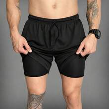KIT 2 Short 2 In 1 Dry Fit Lined Men's Gym Shorts For Running And Training With Elastane - BLACK aND BEIGE - View 4