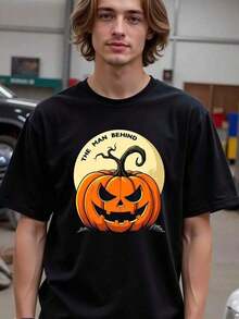 Natee Men'S Halloween T-Shirt - Spooky Jack-O'-Lantern, Bats & "The For Man Behind" Graphic Tee - Loose Fit Costume Party Shirt With Orange Pumpkin Design - Durable Digital Print Fabric For Halloween Parties, Casual Attire - Adult Sizes Available - Horror Movie Fan Apparel - Streetwear Essential For Year-Round Horror Themes, Festive Clothing, Playful Design, Longlasting Design, Statement Top,Nightmare Before Christmas,Christmas,Halloween Costumes,Funny T Shirts,Summer Outfits,Thanksgiving Day,Men Graphic Tees,Streetwear Men - Black - View 6