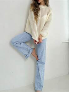 Women's Mid-Rise Loose Wide-Leg Jeans, Y2K Style Casual Loose Solid Color Jeans, Suitable For Street And Daily Wear Spring - Light Wash - View 3