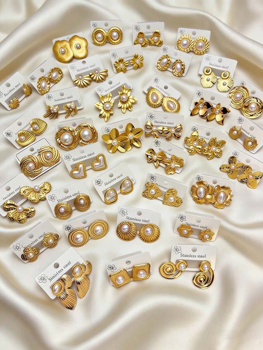 24pcs/12 Pairs Stainless Steel Pearl Earring Set, 18K Gold Plated, Hypoallergenic, Floral/Heart/Asymmetrical Elements Earrings, Elegant Minimalist High-End Design, Suitable For Daily Wear, Great For Birthday, Party, Family Gathering And Holiday Gifts - Multicolor - View 1