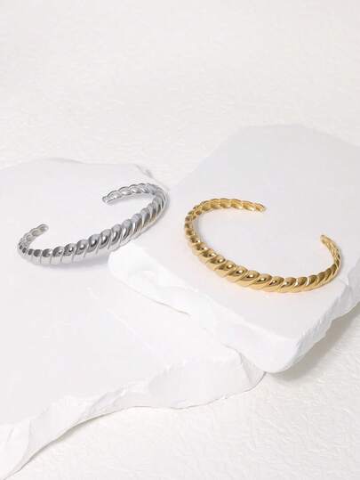 1pc Fashionable Minimalist Geometric Line Design Open Bangle Bracelet, Stainless Steel Plated Gold, Suitable For Women's Daily, Party, And Date Wear