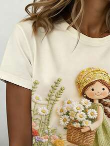 印花小女孩漫步春日田野，女士休闲圆领短袖T恤 白色 夏季 - 白色 - 查看 3