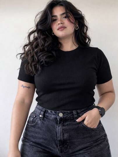 Blusa Camiseta Básica gola redonda manga curta malha Ribana Canelado Premium T-Shirt tee Moda Gringa casual dia a dia confortavel 012