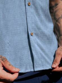 Light Blue Men's Dress Shirt With Mandarin Collar, Lightweight And Cool Dunas Fabric - Summer 2026 - Beach Shirt - Everyday Shirt - 霧霾藍 - 查看 6