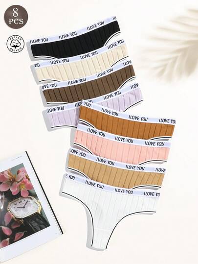 8PCS Women Solid Color Thongs Cotton Elastic Breathable Light-Colored Ladies Panty