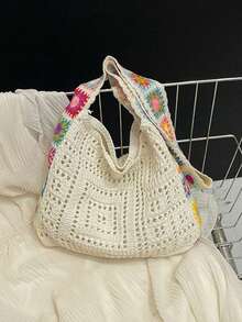 Yogodlns Minimalist Knit Shoulder Bag Boho Crochet Handbag Vintage Lace Hollow-Out Purse For Women Casual Crossbody Underarm Bag Fashion Mesh Crochet Shoulder Bags Casual Shopper Tote Bag Large Capacity Knitted Travel Purse And Handbag For Women - Beige - View 8