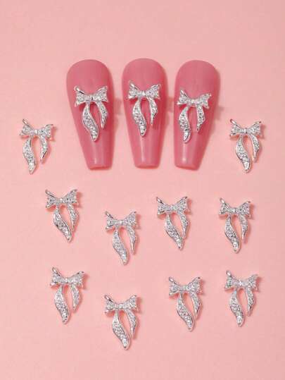 10pcs Gold & Silver Tone Metal Ribbon Bow 3D Nail Art Decorations, 2 Styles, Suitable For Nail Art DIY, Nail Art Supplies, Nail Jewelry