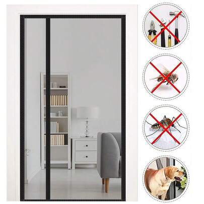 Magnetic Screen Door, Upgraded Polyester Insect Screen Door, Left And Right Side Reversible Curtains, Balcony, French, Sliding Glass Door - Black