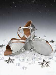 Girls' Low Heel Latin Dance Shoes, Practice Dance Sandals, Beginner Social Dance Shoes - Silver - View 4