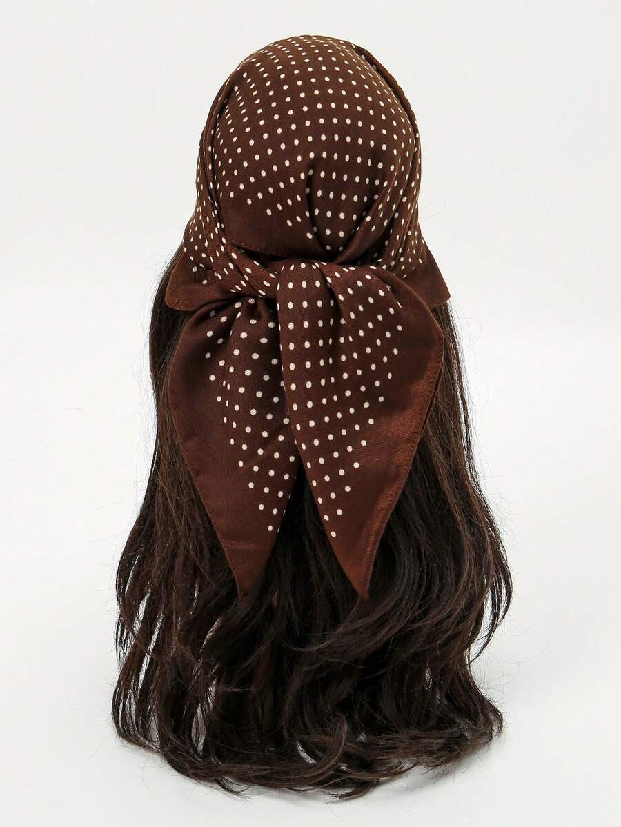 1pc Fashionable Casual Polka Dot & Herringbone Print Linen-Like Square Scarf/Headwrap, Faux Velvet Fabric, Versatile For Daily Wear And Travel - Brown Polka Dots - View 1
