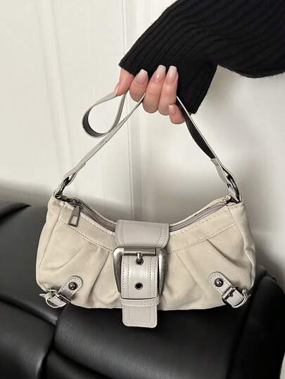 2026 New Fashion Y2K Solid Color Pleated Crescent Bag, Rivet Buckle Decor Motorcycle Shoulder Bag, Suitable For Casual Street Wear And Leisure Outings