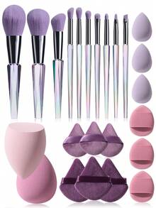 10pcs Laser Holographic Makeup Brush Set, Cloud-Like Soft Texture + 14pcs Water Expanding Makeup Sponge Set (Mini Makeup Sponge, Triangle Makeup Sponge), Eyeshadow Brush, Foundation Brush, Blush Brush - Multicolor - View 1