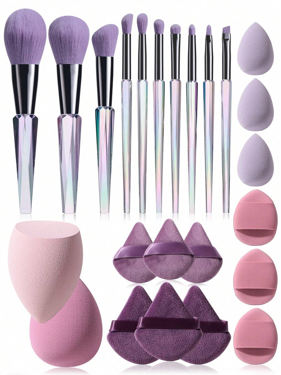 10pcs Laser Holographic Makeup Brush Set, Cloud-Like Soft Texture + 14pcs Water Expanding Makeup Sponge Set (Mini Makeup Sponge, Triangle Makeup Sponge), Eyeshadow Brush, Foundation Brush, Blush Brush - Multicolor - View 1