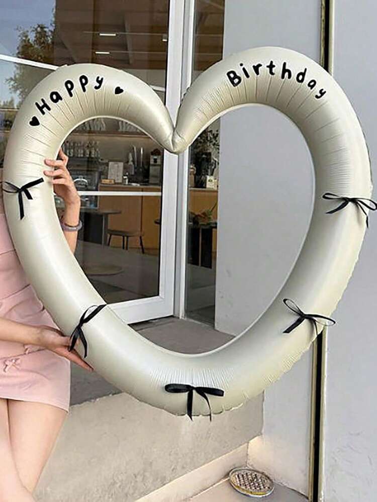 一套40英寸大号心形铝箔气球，配黑色领结和“生日快乐”贴纸 - 粉色、米色、黑色 - 适用于生日派对、户外活动、周年纪念、婚礼、生日派对用品、情人节纪念气球、心形气球、黑色心形气球、气球装饰 - 心型 - 查看 8