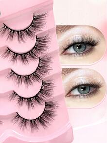 ENCHUW 5对柔软纤长浓密假睫毛，打造戏剧性蓬松效果，纤细交叉睫毛，美睫嫁接假睫毛 - 黑色 - 查看 4