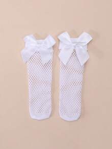 1 Pair Baby Girls' Cute Bow Fishnet Socks, Elastic Breathable Mesh Mid-Calf Socks, Suitable For Summer - White - View 3