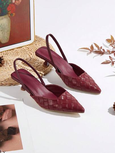 Women's Solid Color Woven Leather Kitten Heel Shoes, Elegant Pointed Toe High Heels, Fashionable Ankle Strap Open Toe High Heels (Random Cut)
