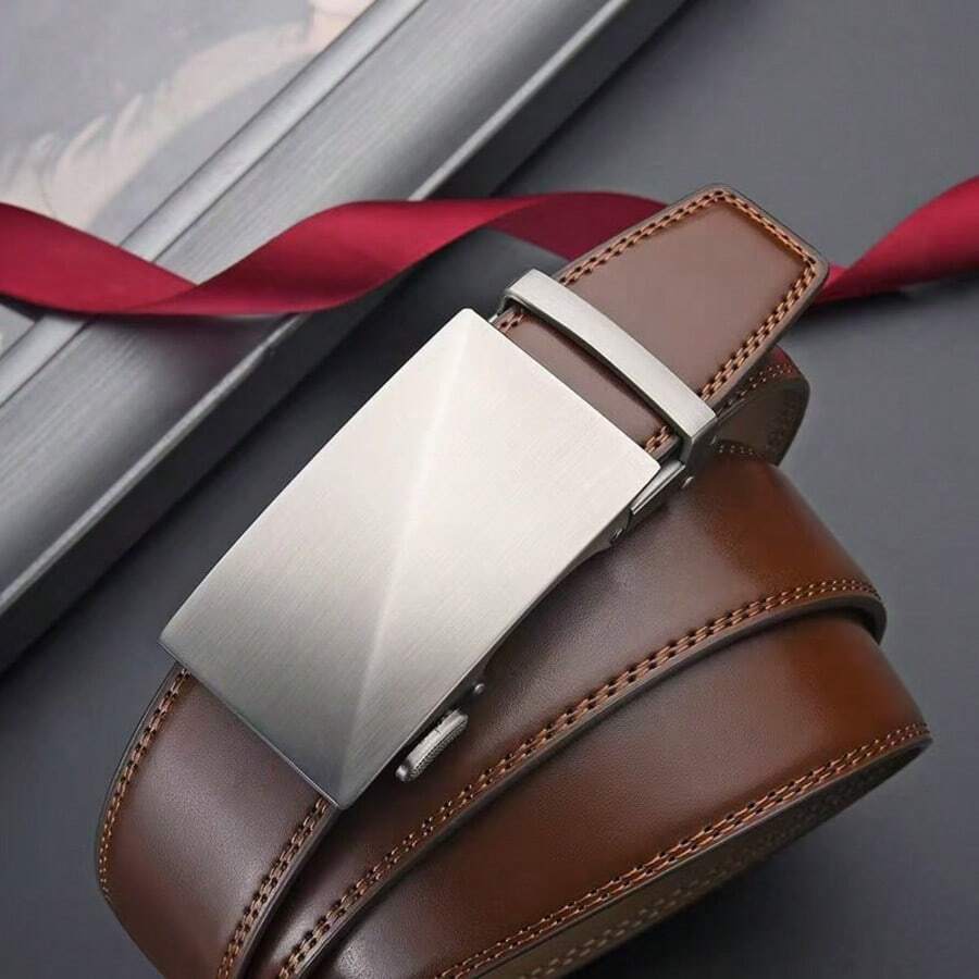 Men's Genuine Leather Automatic Buckle Belt - Adjustable Automatic Buckle, Multi-Functional Casual Business Style, Durable Alloy Buckle, High-Quality Leather Panel, Easy To Wear, Suitable For Any Occasion - Brown - View 1