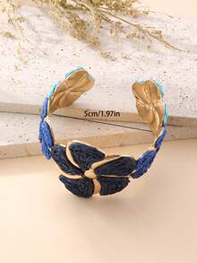 1pc Handmade Paper Yarn Woven Oversized Floral Bracelet, Adjustable, Suitable For Vacation, Party, Market, Afternoon Tea And Daily Wear, Blue - Blue - View 3