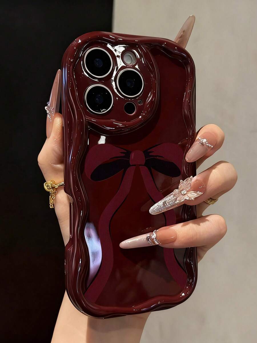 Bowknot Painted New Flat Printed Cream Texture Burgundy Soft Case Compatible With IP17/IP17PROMAX/Iphone16//Iphone16pro/Iphone16promax/Iphone15/ XR /7p8p/P12promax/P13promax/P14PROMAX /P13/P14/P11/P12/P14 Cute Fashion Thick Protective Phone Case For XS/S/XSMAX/78GES2 - Multicolor - View 1