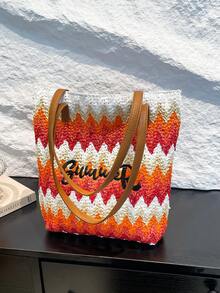 1pc Women's Colorful Woven Tote Bag With Contrast Embroidered Wavy Letter, Large Capacity Shoulder Bag - Multicolor - View 13