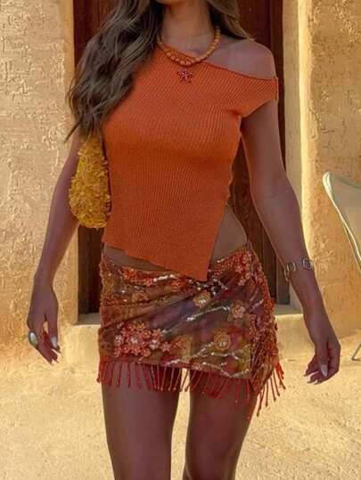 Áo thun ngắn tay dệt kim màu cam hở vai mùa hè Live To Mo, kiểu dáng thanh lịch, thường ngày, thích hợp cho hẹn hò.