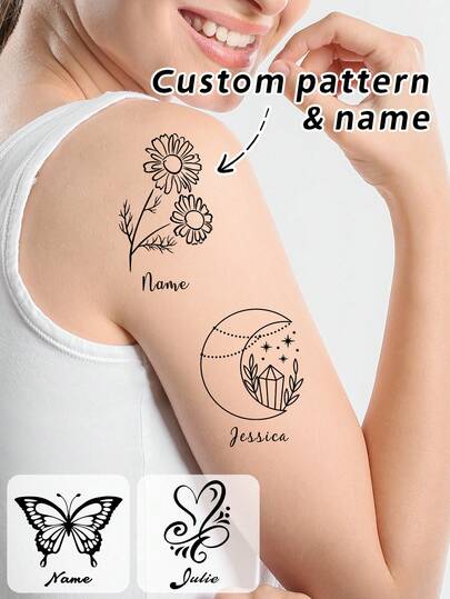 LICVIC Custom Name Temporary Tattoo Sticker, Personalized Minimalist Floral Butterfly Moon Tattoo For Shoulder Arm Festival Party Daily Style Decor, Customized Elegant Line Art Temporary Tattoo Gift For Birthday Anniversary Celebration, Customizable Aesthetic Body Art Tattoo Sticker Unique Gift For Friend Couple