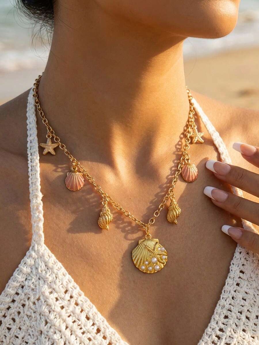 Summer Ocean Vacation Starfish Shell Conch Pearl Necklace, Fashionable Exaggerated Multi-Pendant Beach Necklace - Multicolor - View 1