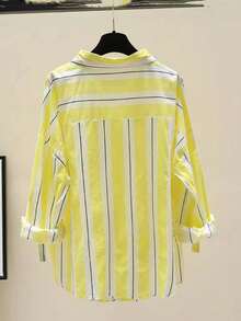 Women's Yellow Striped Polyester Shirt, Long Sleeves Can Be Rolled Up, Collared Design, Regular Length Spring - Light Yellow - View 2