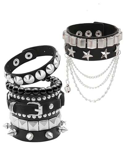 Yanxyad 1/4件套 朋克摇滚铆钉手链套装 男女通用 哥特朋克 Grunge 配饰 可调节PU皮革手镯 复古串珠Y2K星形链条腕带 另类哥特装扮