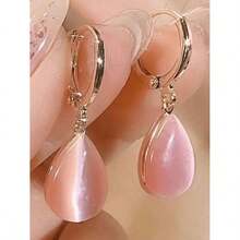 1 par de pendientes de piedra de ojo de gato con forma de lágrima de doble cara, minimalistas, ligeros y versátiles para mujeres - Rosa - Ver 9