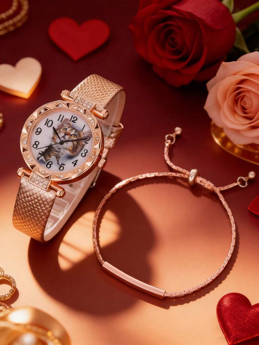 Cute Cat Pattern Luxury Girl's Watch: Healing Cat Dial + Rose Gold Snakeskin Strap - Multicolor - View 1
