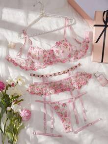 Date Night Sheer Mesh 4 Piece Bra & Garter Set - Pink - View 3