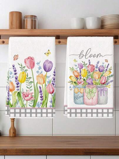 2件套蓝色绣球花厨房毛巾套装，涤纶材质，花卉图案，超柔软编织洗碗布，可机洗，是节日礼物和家居装饰的理想之选。