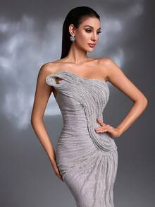 黑色蕾丝褶皱单肩圆形设计高开衩系带美人鱼拖尾优雅晚礼服 - 淺灰色 - 查看 1