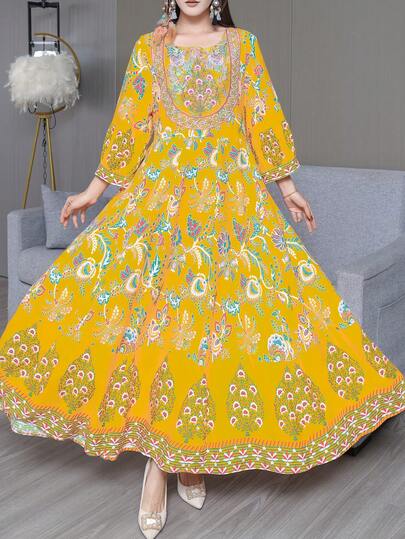 ボヘミアン フローラルプリント マキシドレス、ヴィンテージ カジュアル バケーション ビーチ アラビアンスタイル ロングドレス 春 黄色 秋