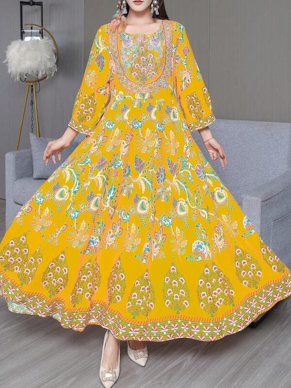 Chân váy maxi in hoa phong cách Bohemian, váy dài kiểu Ả Rập cổ điển, thoải mái cho kỳ nghỉ biển.