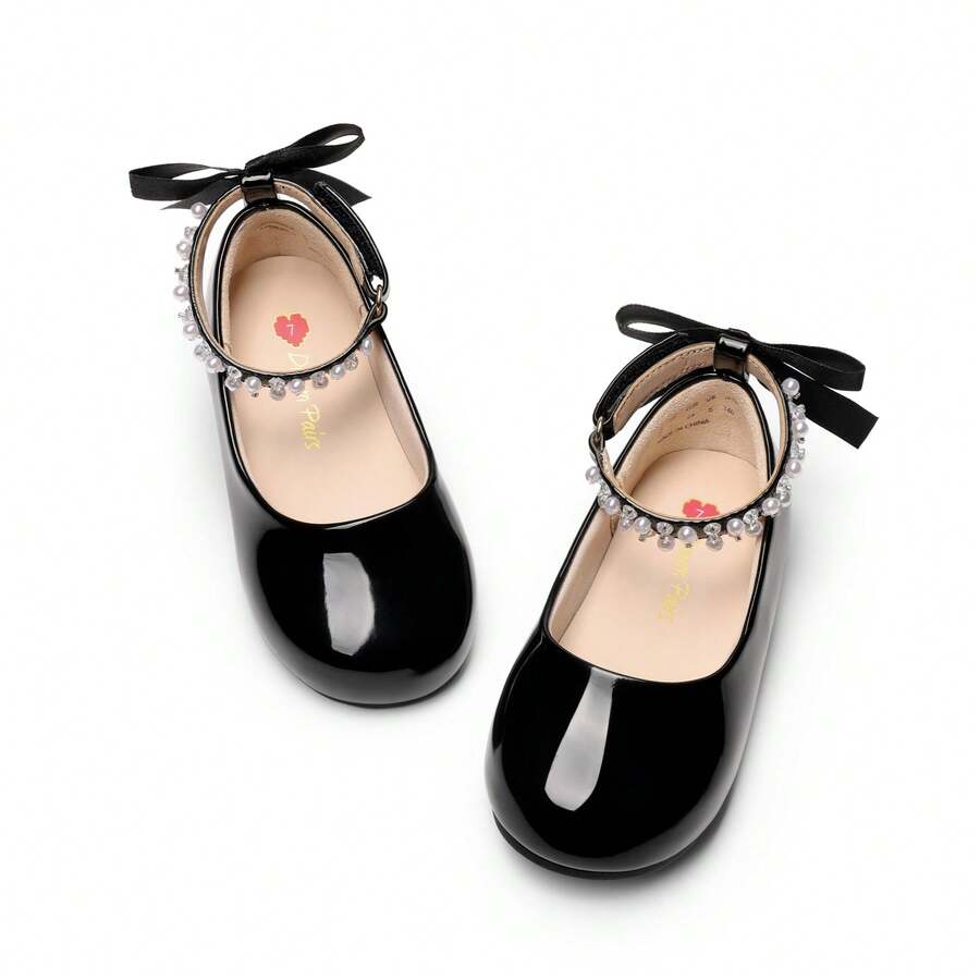 Girls Mary Jane Flats Dress Shoes For Toddler & Little Kid – Bowknot & Pearl Ankle Strap Satin Ballet Flats For Wedding Party - 黑色 - 查看 1