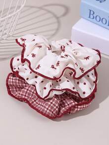 3条装女童酒红色发圈，波点、格子和蝴蝶结图案发绳，柔软雪纺和方格布面料，复古又充满女人味的春季发圈，适合日常造型和休闲外出。 - 彩色 - 查看 6