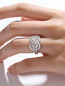 Silver Plated Cubic Zirconia Stackable Rings Set, Twisted/Leaf/Infinity Open Band Rings, Elegant Minimalist Jewelry For Women, Daily & Party Wear - Cross Knot YR0838 - View 3