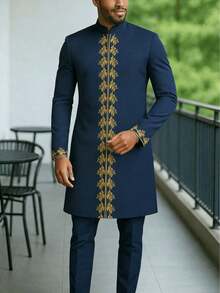 Men's Suit African Style Men's Long Sleeved Embroidered 2-Piece Suit, Holiday Wedding Men's Business Suit - 藍色 - 查看 1