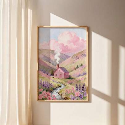 1幅复古法式乡村野花田景墙画，田园风粉色风景帆布印刷画|梦幻般的柔和色调自然乡村草地风景装饰画，适用于卧室、客厅或办公室家居装饰，现代农舍风格家居装饰，唯美日落乡村艺术海报，浪漫礼物，可选择无框或有框