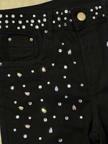 pthirillo Women's Black Flare Jeans With High-Waisted Butt-Lifting Effect And Rhinestone Detail. - 水鑽和串珠混合腰帶 - 查看 4