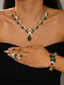 Luxury Wedding Party Jewelry Set, Rhinestone Decorated Shiny Necklace, Earrings, Bracelet Accessory Set For Gala - Golden Green - View 2