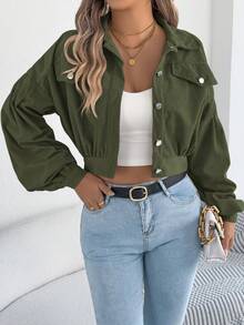 Casual Personalized Street Style Lantern Sleeve Corduroy Short Jacket, Autumn/Spring - Army Green - View 4