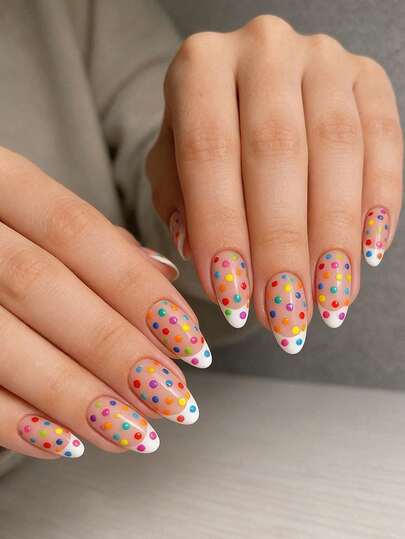 24片装彩色波点美甲贴片，粉色短杏仁形美甲，简约风格，法式贴片，日常手工亮面亚克力美甲套装，可重复使用，女士适用